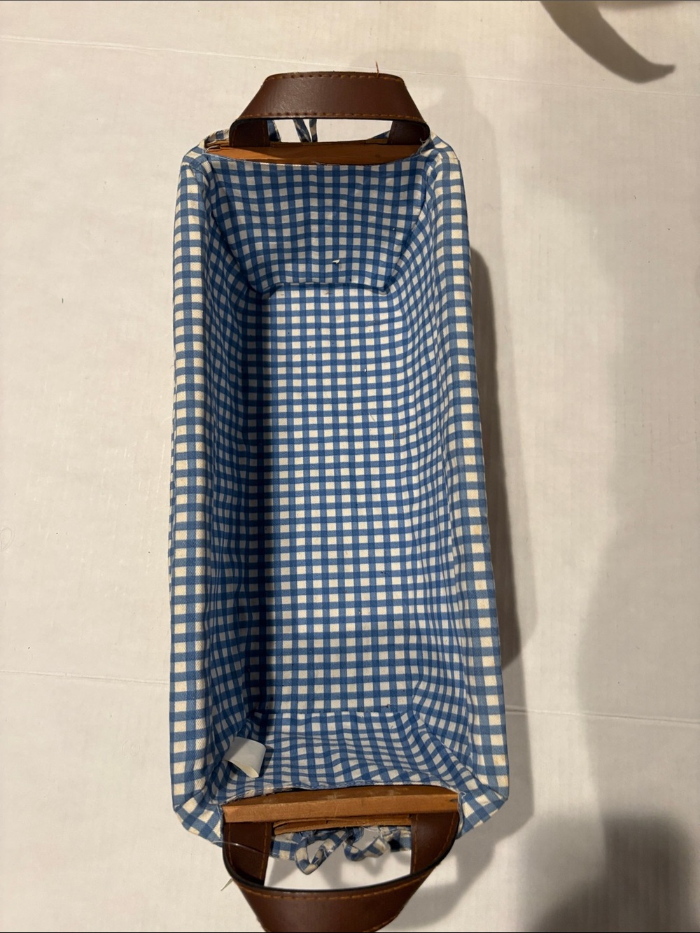 Blue Gingham Fabric Basket with Brown Handles